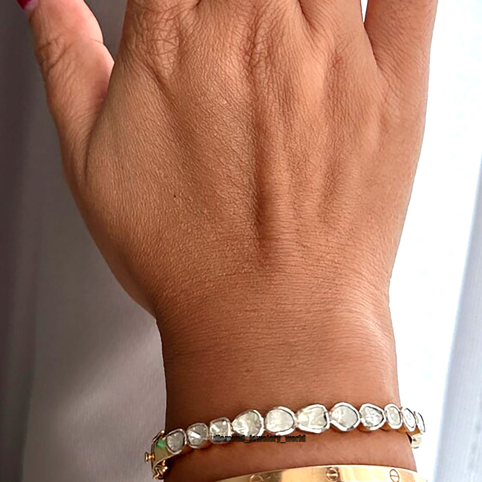 Estate 1.55ct Genuine Old Mine Antique Cut Diamond Silver Tennis Bangle Bracelet
