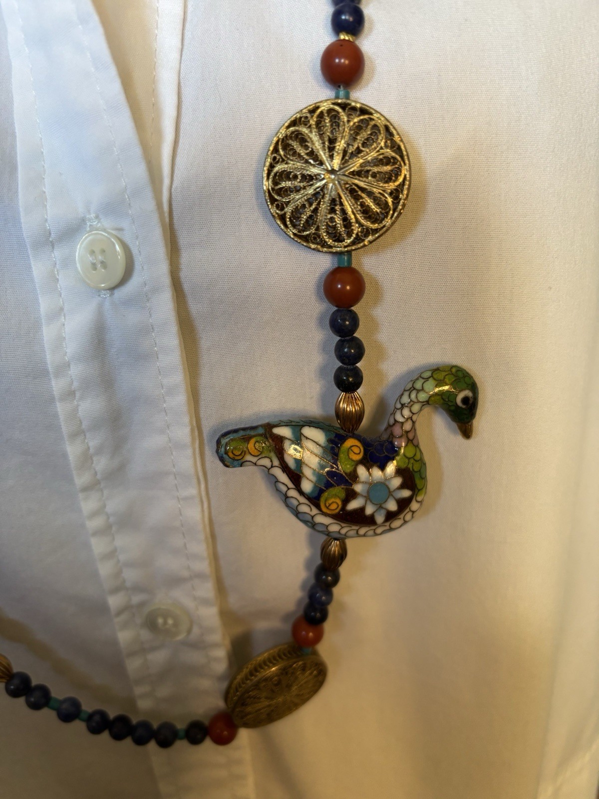 Vintage Cloisonne & Brass Necklace w/ Owl & Duck Pendant Boho Statement EUC