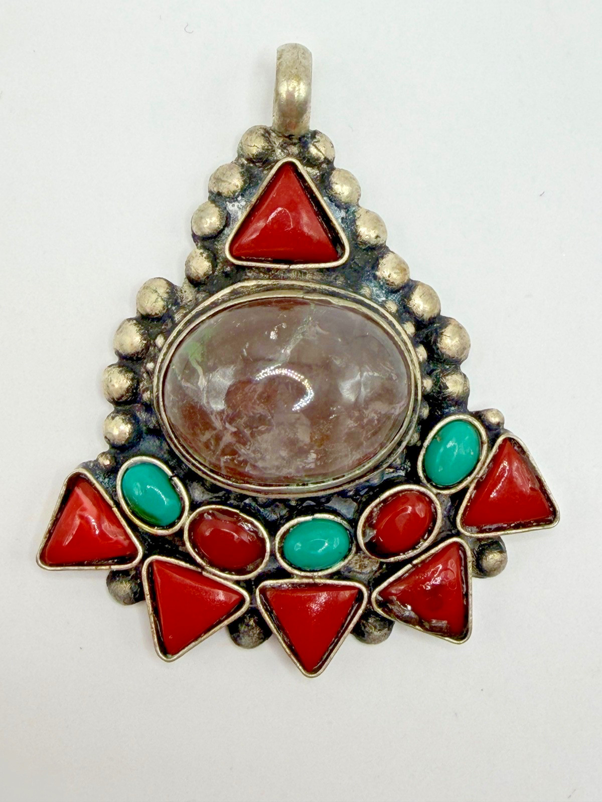 VINTAGE TIBETAN SILVER TONE PENDANT WITH TURQUOISE AND CORAL STONE PURPLE BROWN