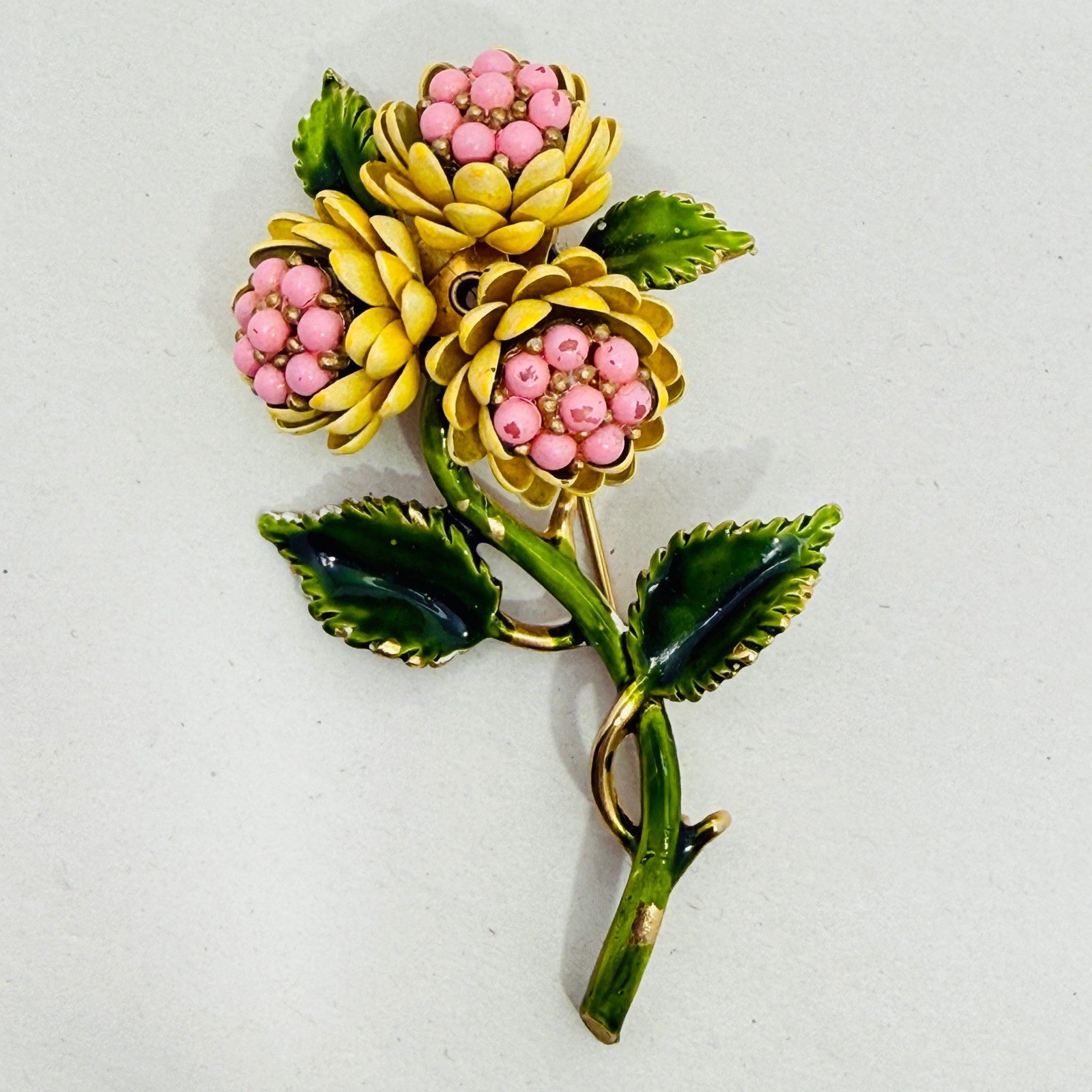 Vintage Enamel Flower Brooch Yellow Pink Green Floral Mid Century Botanical 3″