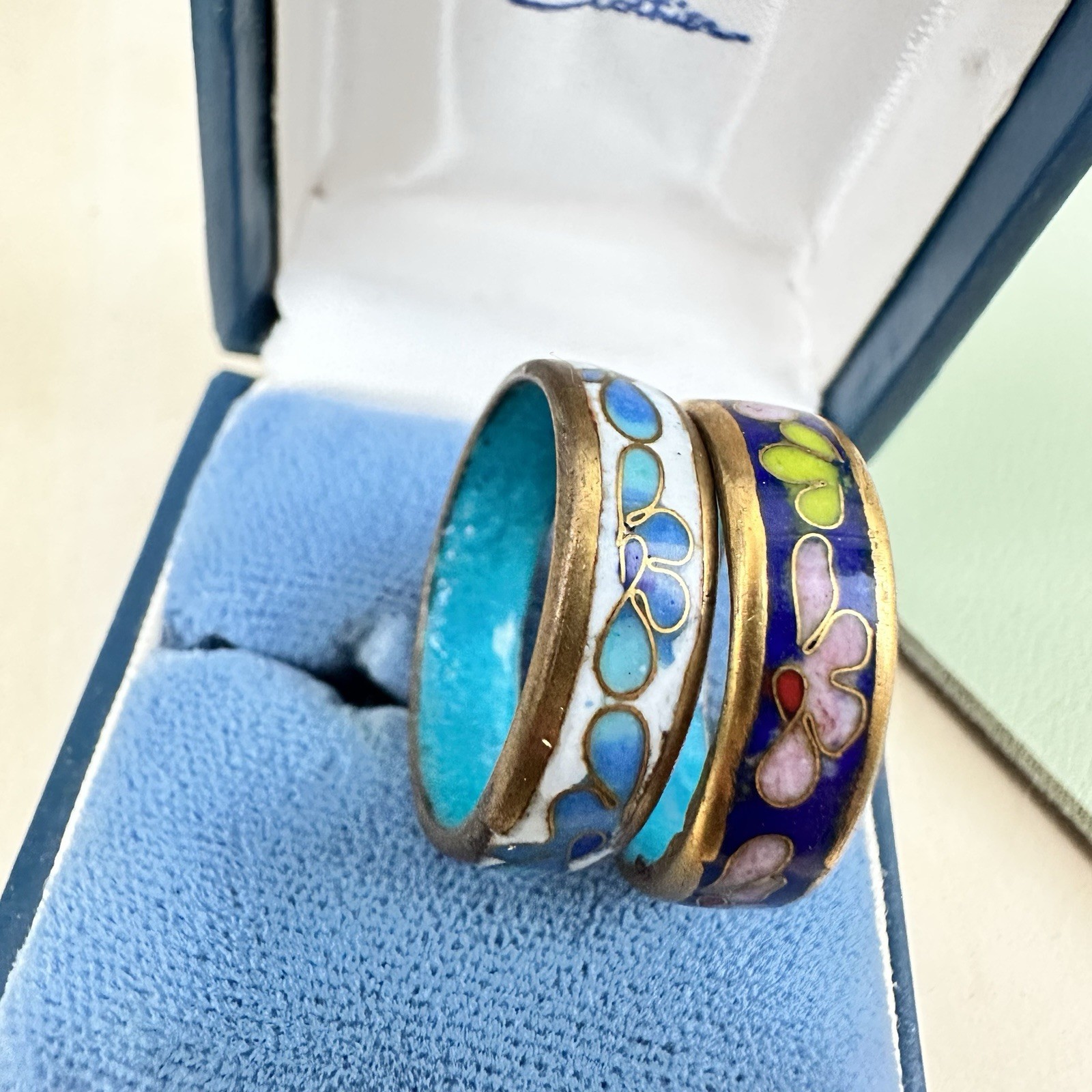 Vintage Cloisonné Enamel Ring Stack Floral Pink Blue White Pastel Band Rings 7