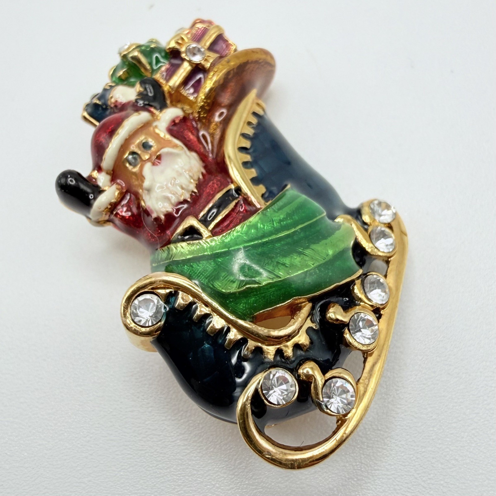 Christopher Radko Signed Enamel Christmas Santa Sleigh Rhinestones Brooch