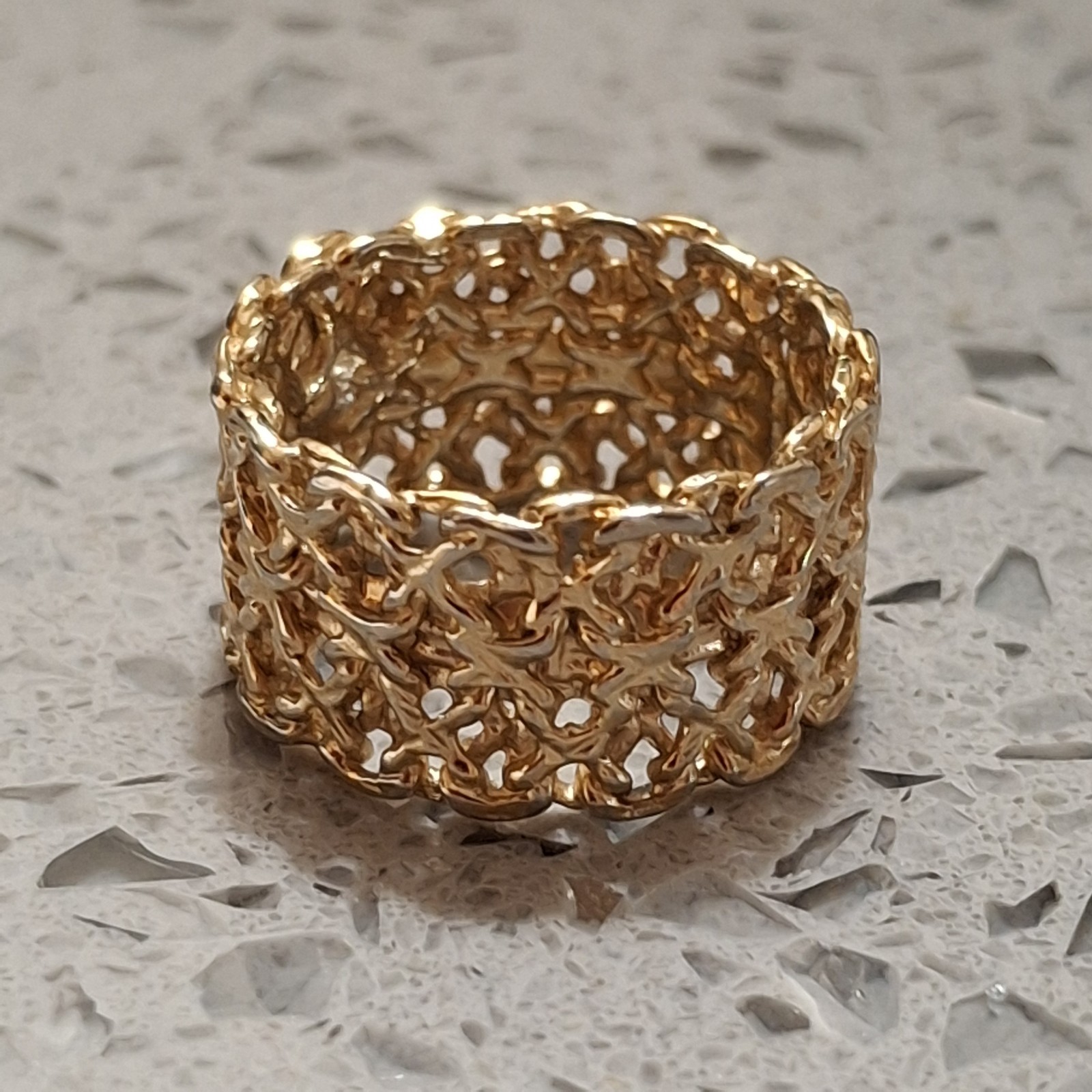 Vintage Brutalist Ring Wide Band Scroll Weave Gold Tone SZ6 Quality Handmade 60s