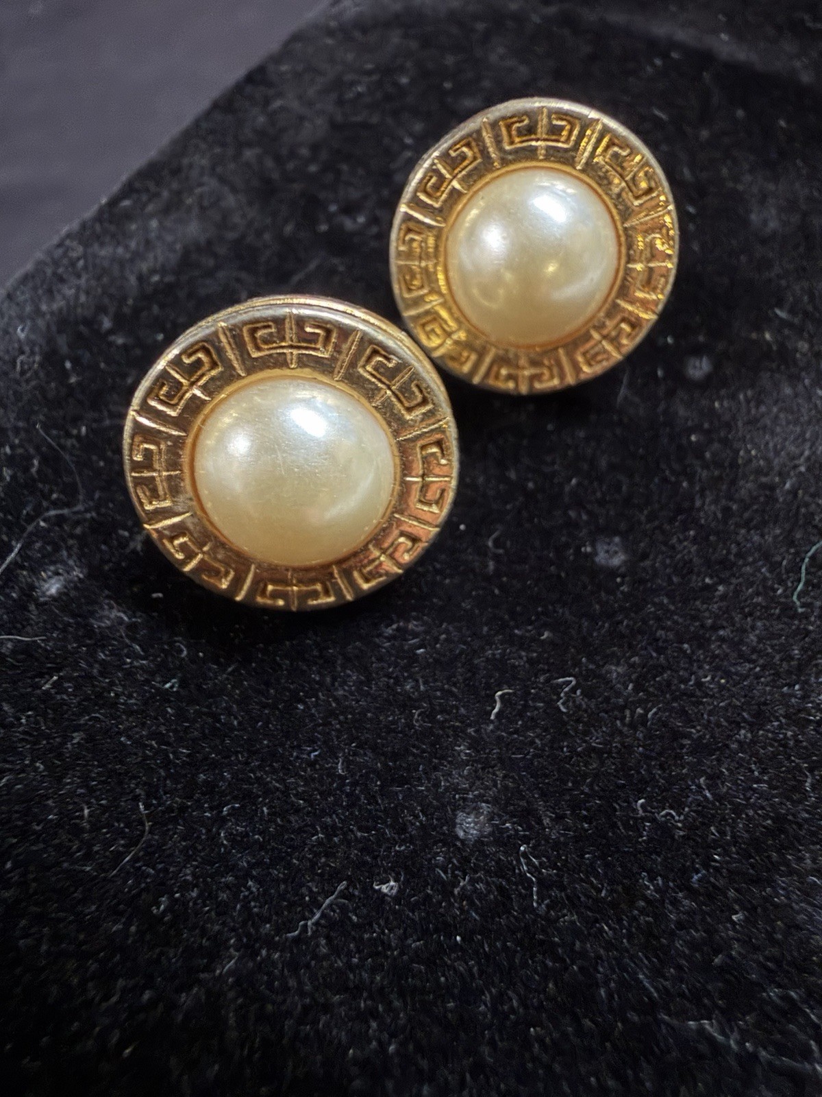 GIVENCHY Greek Key Logo Pattern Gold-Tone Faux Pearl Round Clip-On Earrings