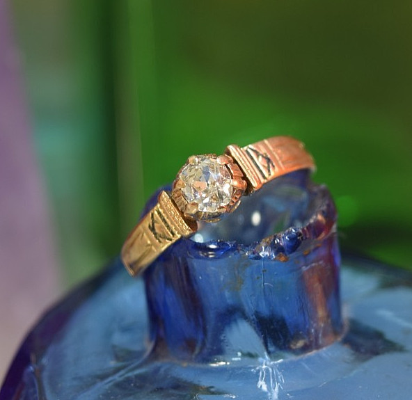 Antique Edwardian 14K Rose Gold .34ct Mine Cut Diamond Solitaire Ring Sz 8.4
