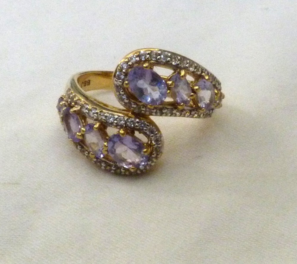 BBJ GOLD OVER STERLING SILVER AMETHYST WHITE ZIRCON GEMSTONE RING SIZE 8.5