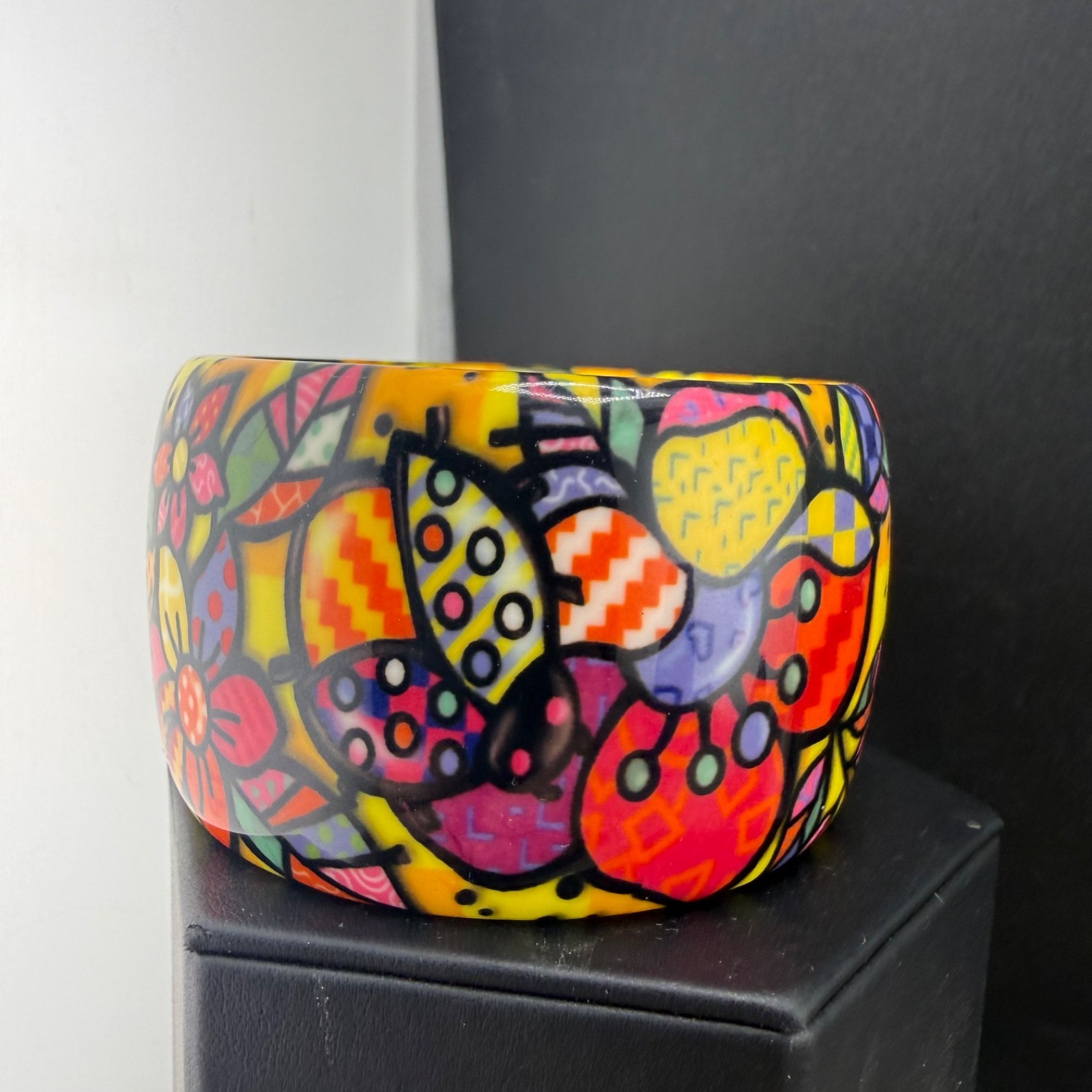 Retro Colorful Bangle Bracelet Wide Chunky Bright Flowers 8.5”