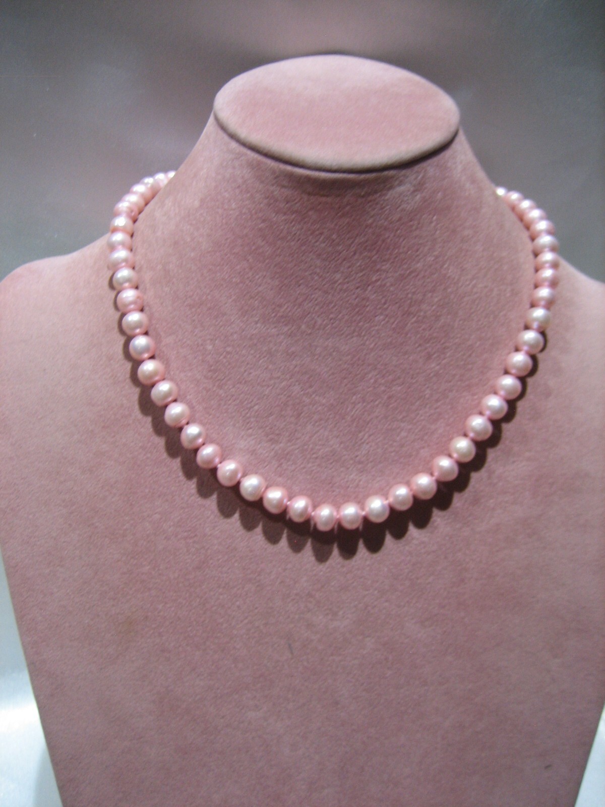 HAND KNOTTED SILVER TONE 6mm PINK PEARL BEAD NECKLACE 17″