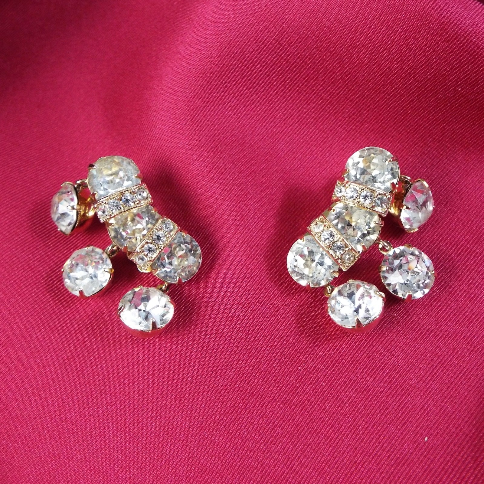 Vintage Mid Century EISENBERG Earrings Clip-On, Clear Crystals, Goldtone, Signed
