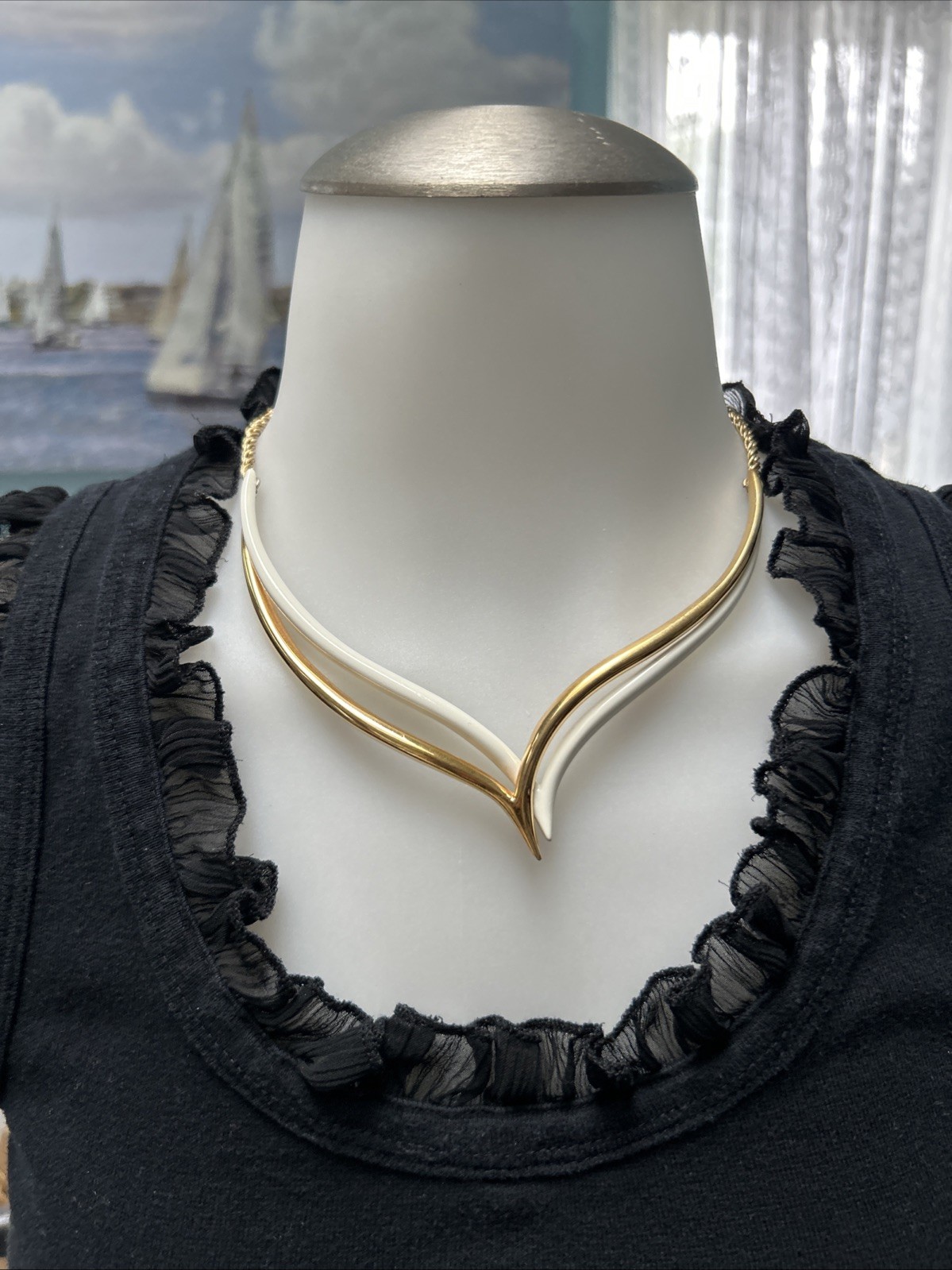 Vintage Monet Double V Neck Swirl Choker Necklace Two Tone Gold Off White Signed
