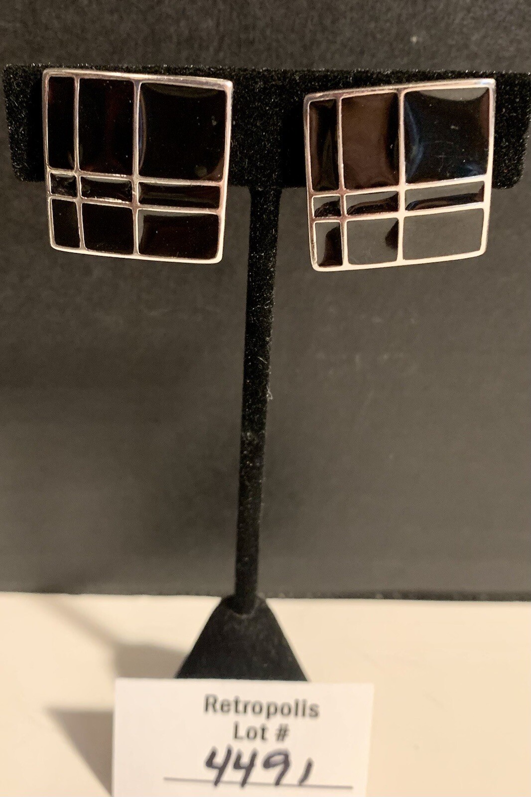 Black & Silver Enamel Retro Geometric Clip-On Earrings Square Vintage