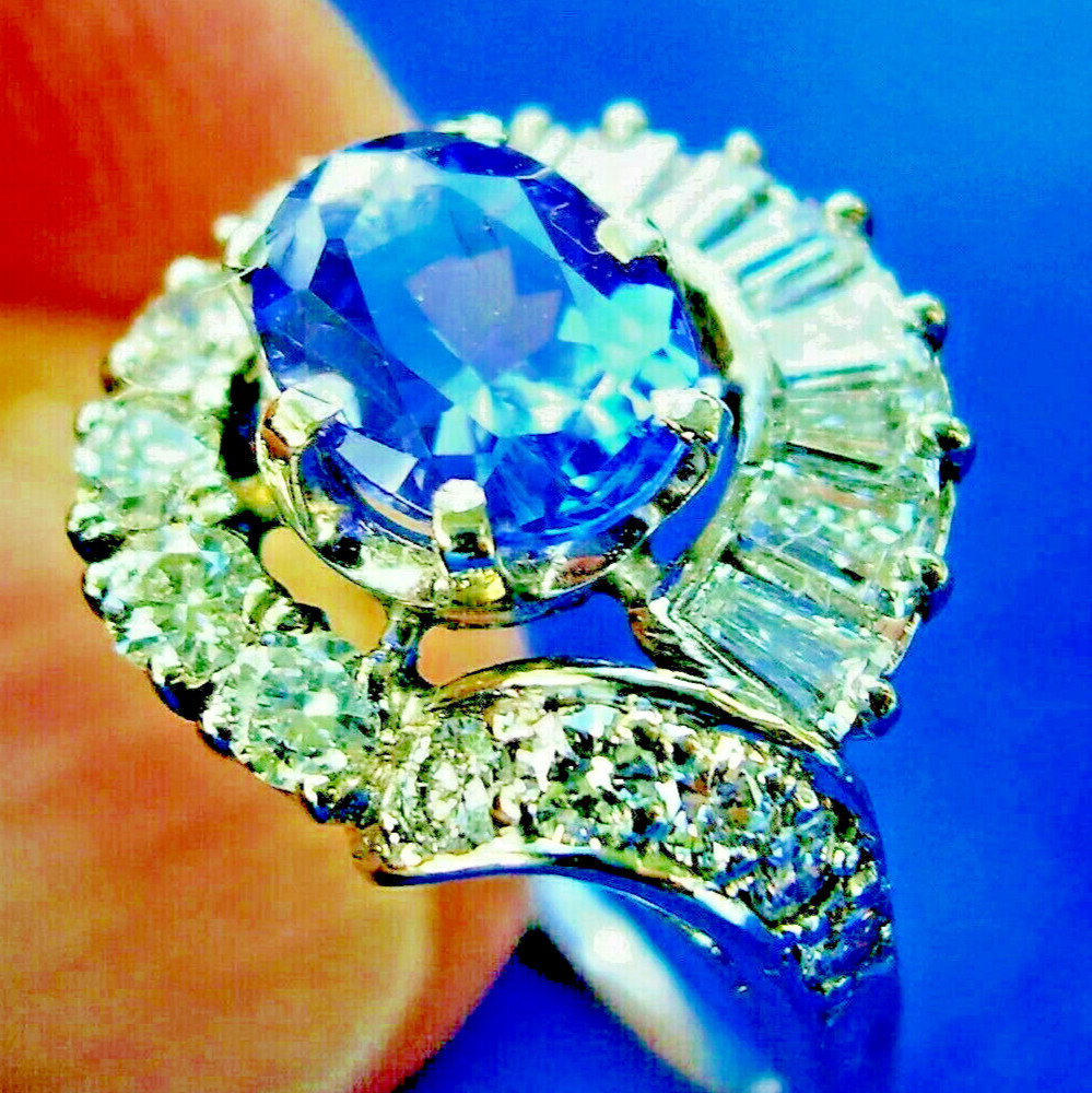 Original EARTH MINED TANZANITE DIAMOND DECO Engagement Ring Solitaire 14K GOLD 7