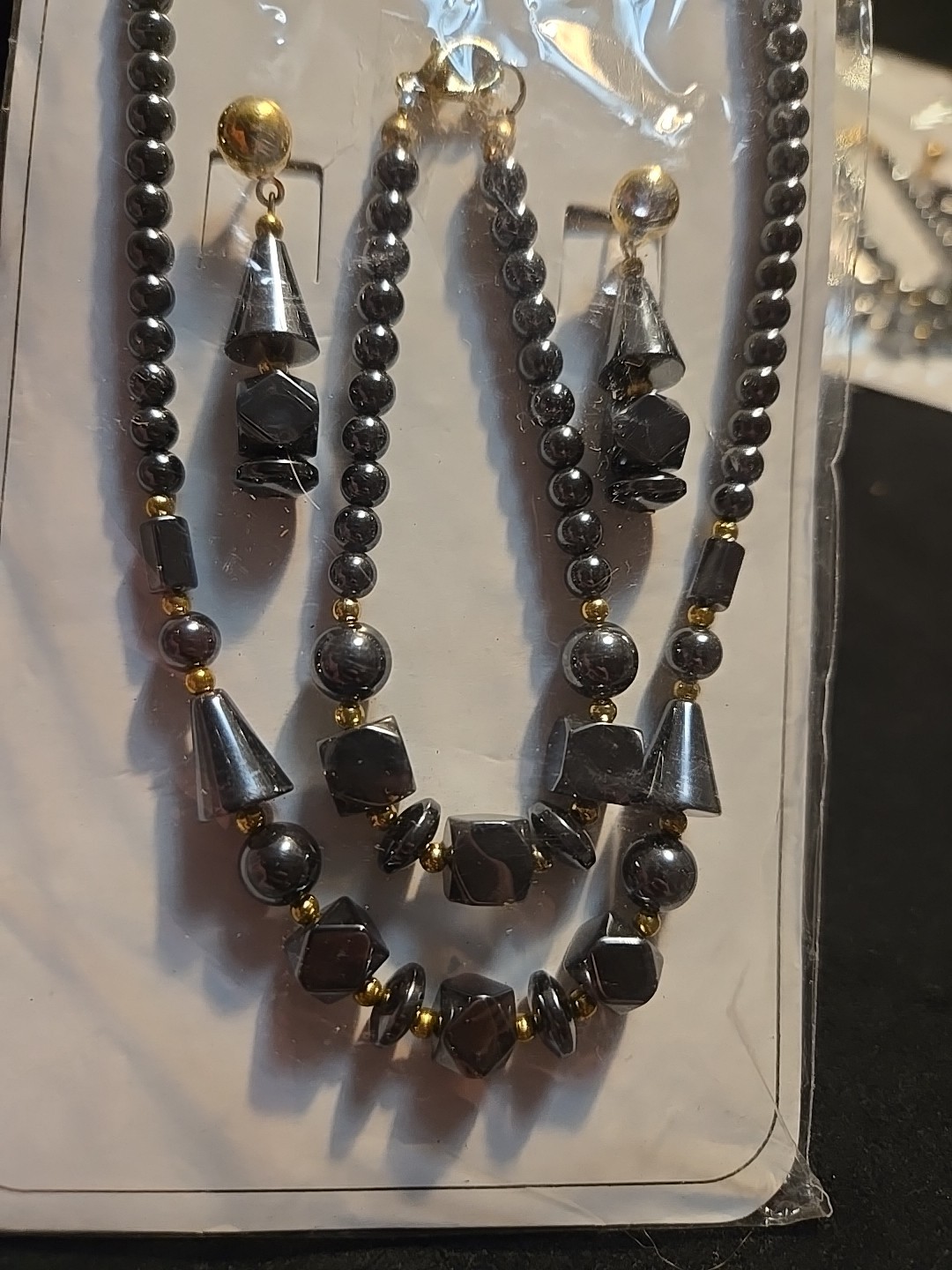 Vtg Hematite Necklace Bracelet Earrings Set Healing Peace Lot Fashion Jewelry