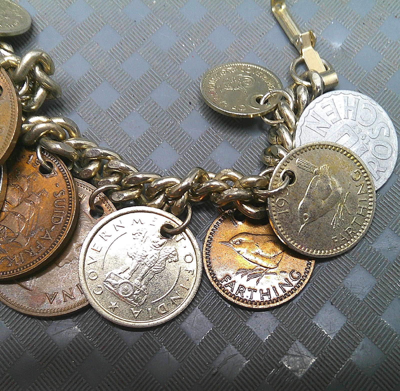 Vintage 1950s Coin Charm Bracelet British Colonies Pakistan India South Africa