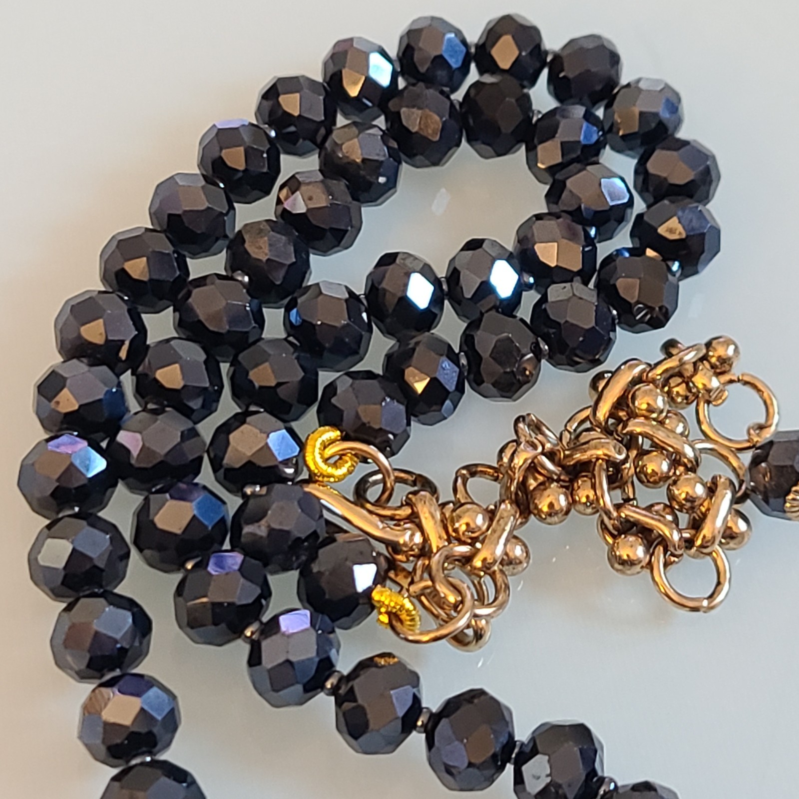 Signed Lihangyuan Twin Flying Birds Necklace Blue Rhinestone Black Bead 5″ Drop