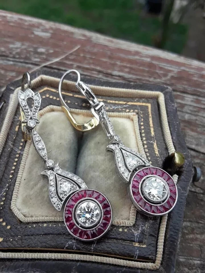 Art Deco Style Lab Created Diamond & Ruby 14K White Gold FN Drop/Dangle Earrings