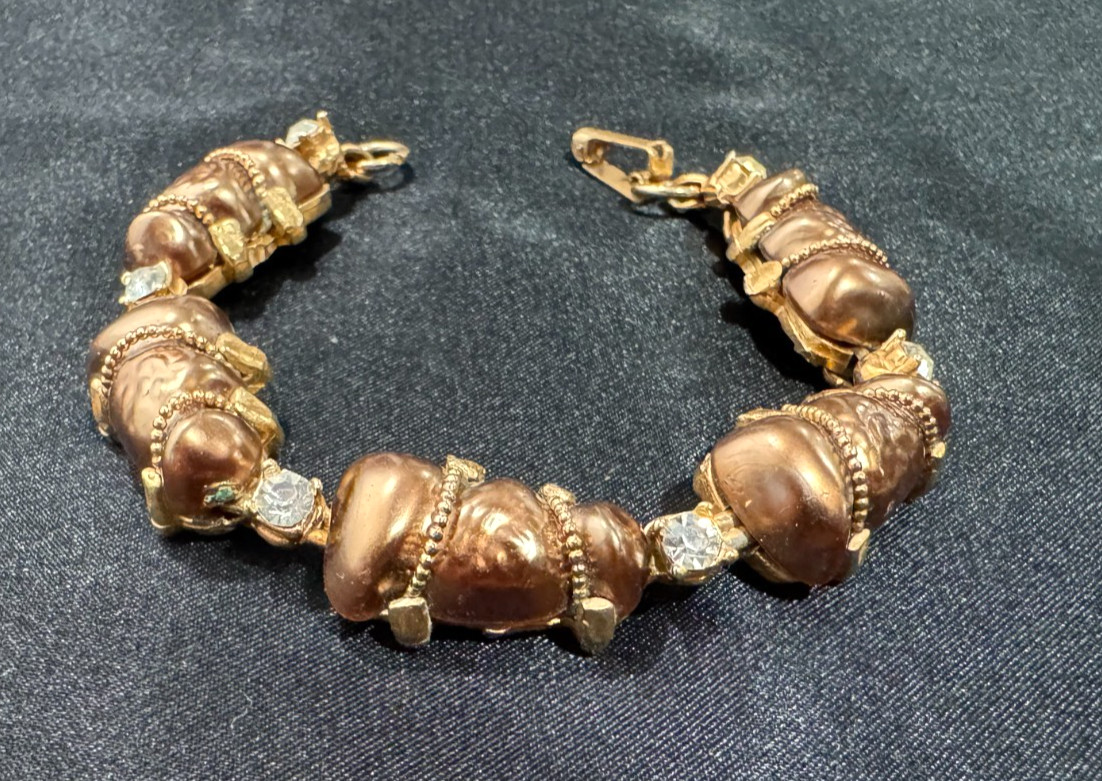 Vtg Bracelet Necklace Set MCM Regency Revival Brown 3D Textured Beads Gold Tone