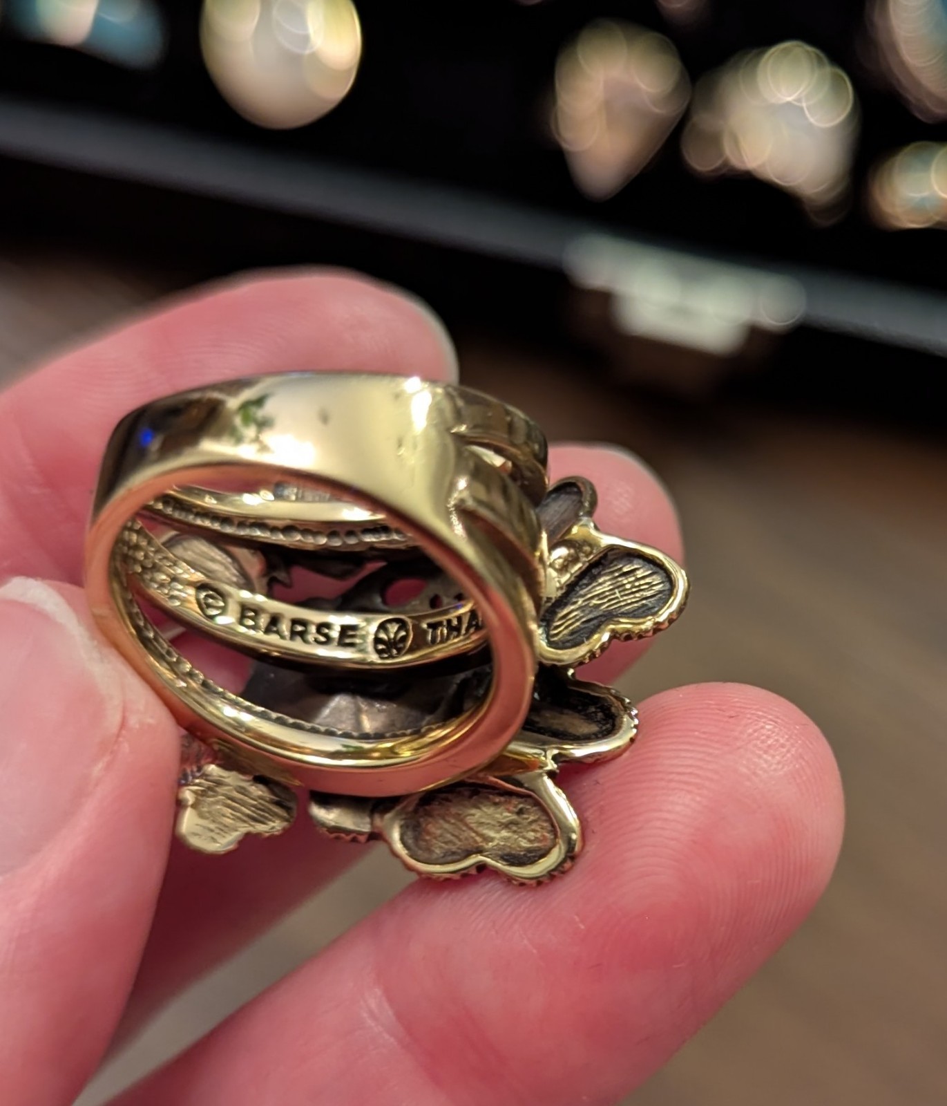 Barse Thailand Genuine Stone Unique Butterfly Detailed Gold Ring Vintage