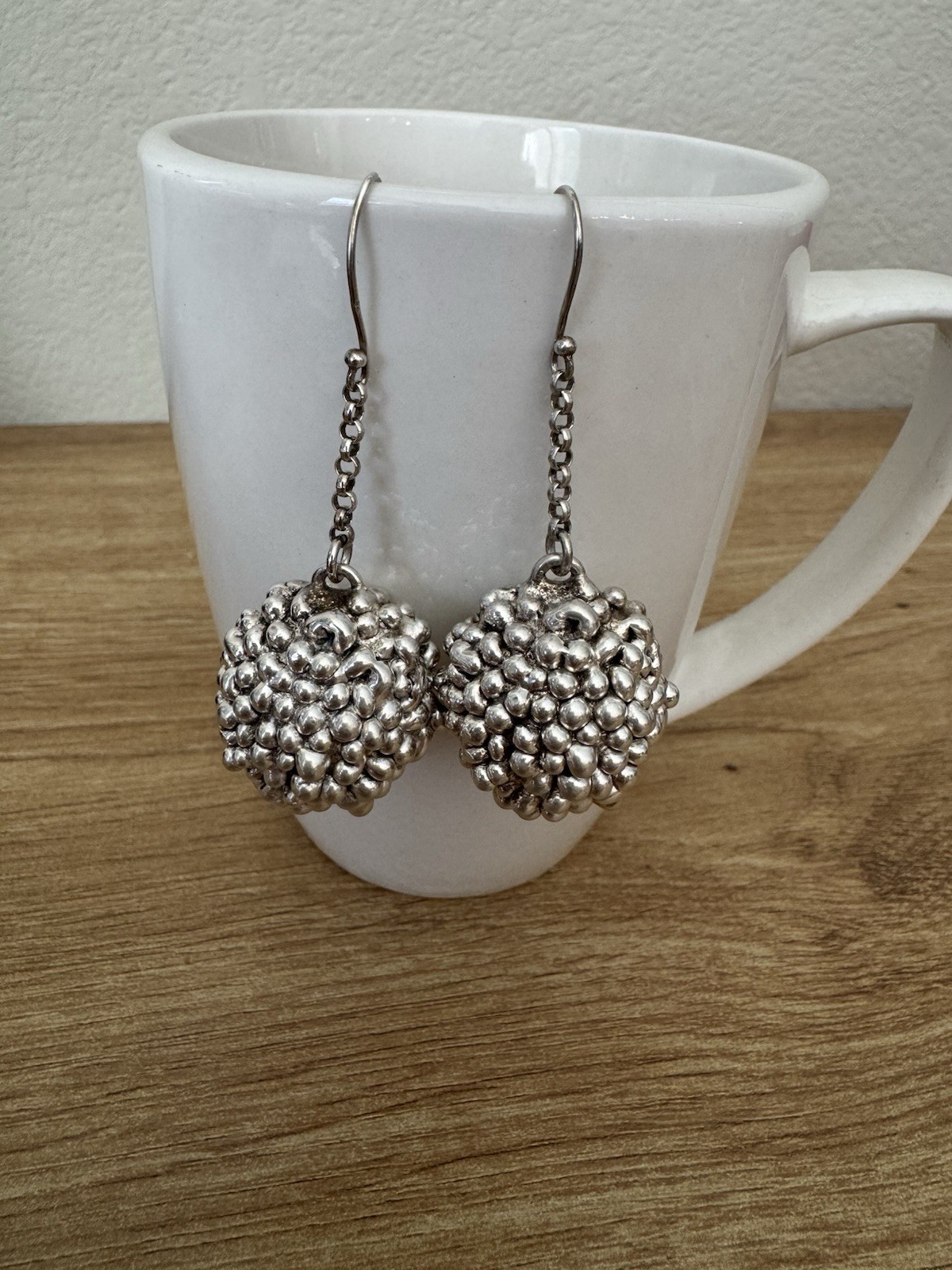 Vintage Silver Tone Textured Round Cluster Ball Dangle Drop Hook Earrings