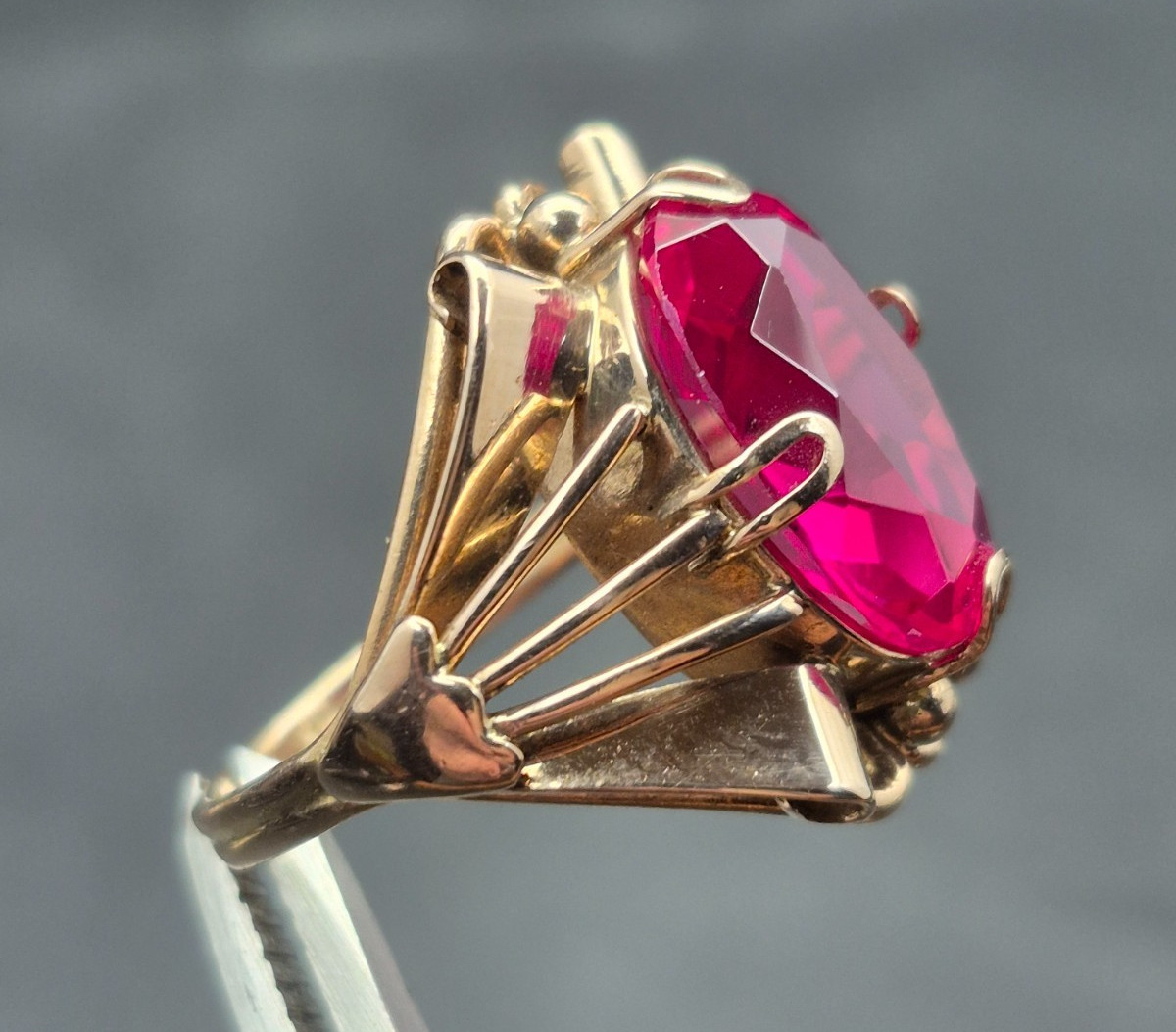 Vintage Soviet 14K Rose Gold Ring 583 with Ruby Stone • Original USSR Jewelry