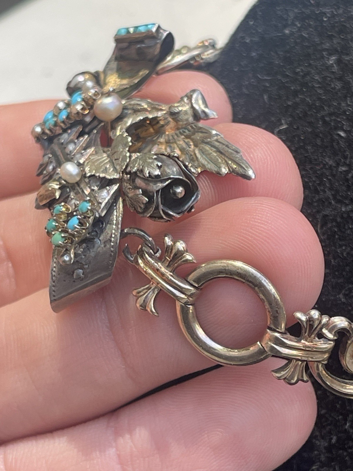 Antique Victorian Sterling Silver Vermeil Bird Turquoise Necklace