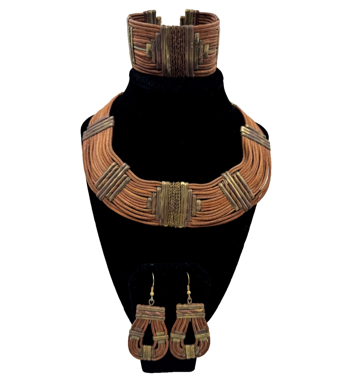 ETHNIC AFRICAN VINTAG SET EARRINGS NECKLACE BRACELET GENUINE LEATHER CORDS BRASS