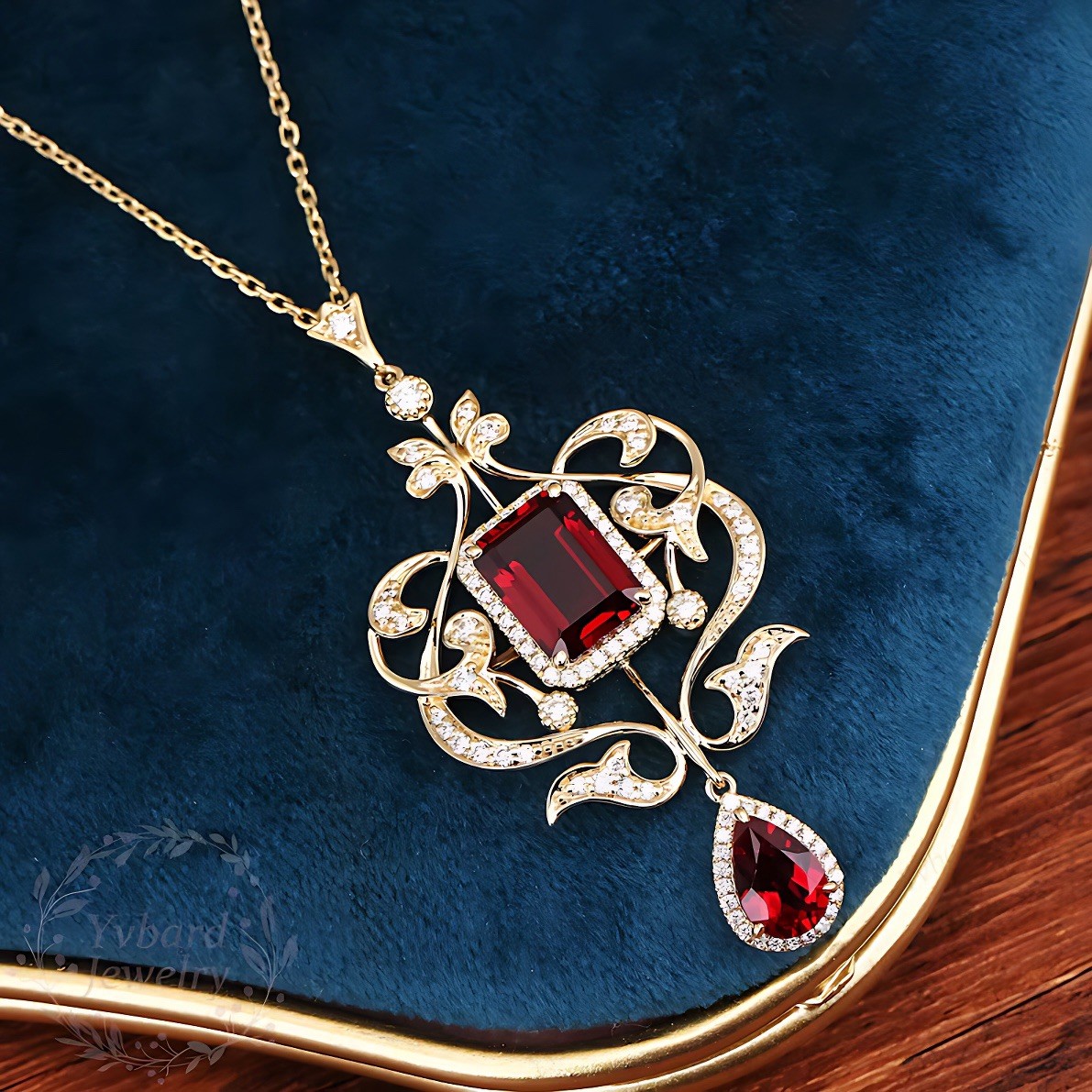 Victorian Emerald Cut Ruby & CZ Filigree Pendant Necklace Drop Floral Statement