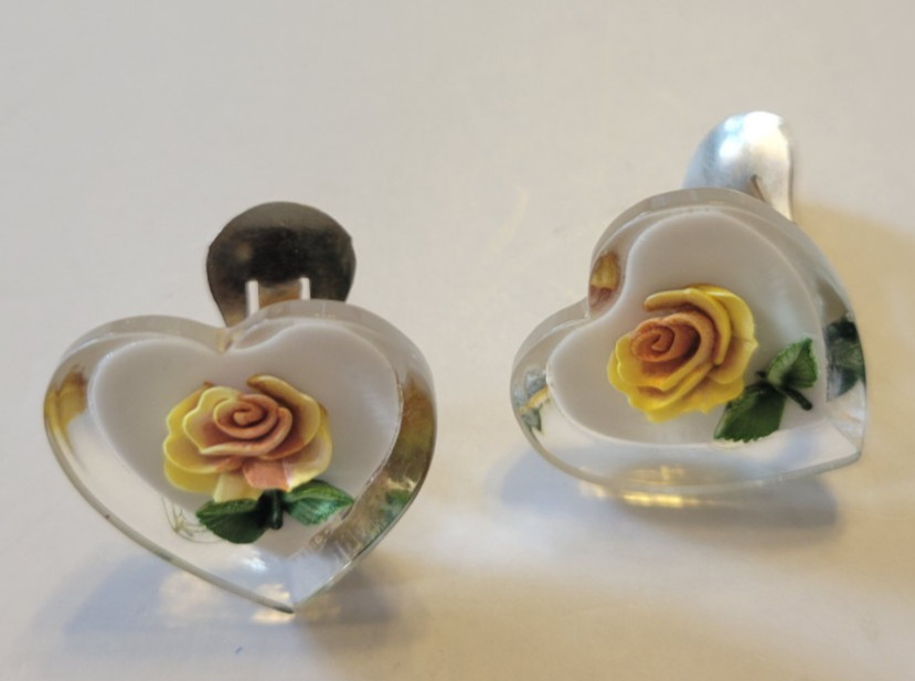 Vtg Estate Clip Earrings Acrylic Resin Heart Shaped Inlaid Yellow Rose Jewelry