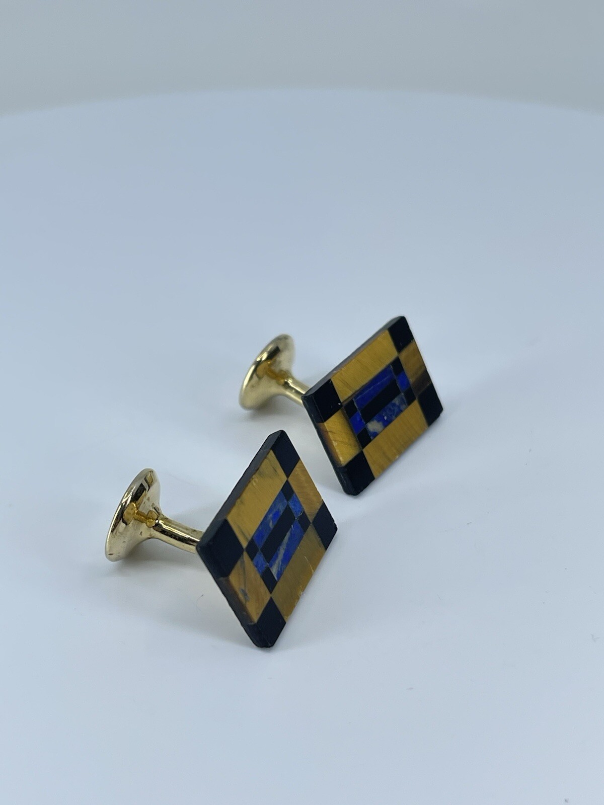 Vintage Onyx Lapis Tigers eye rectangle cufflinks polished gold tone fixed backs