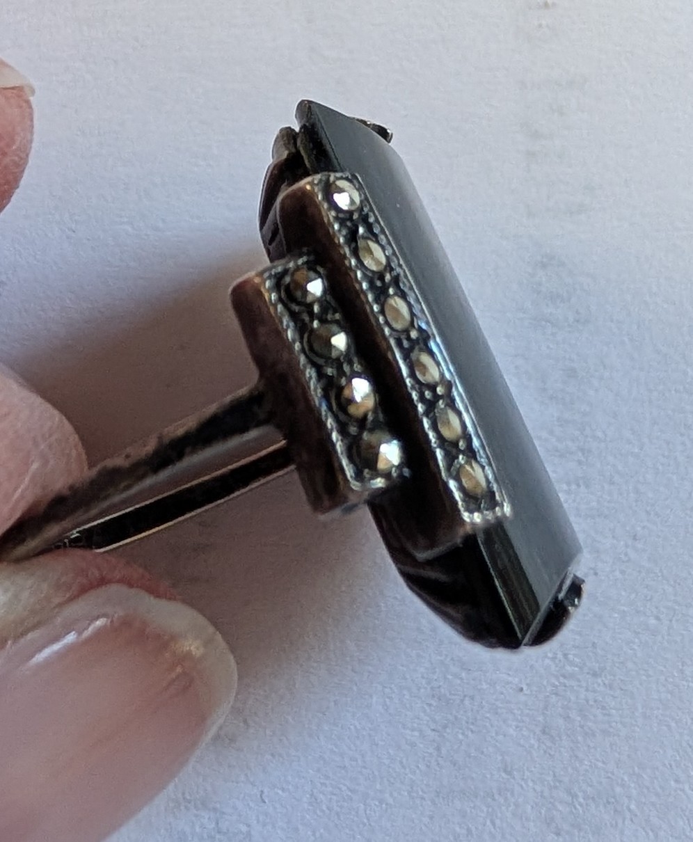 Antique Art Deco Sterling Silver Onyx Marcasite Ring About 6