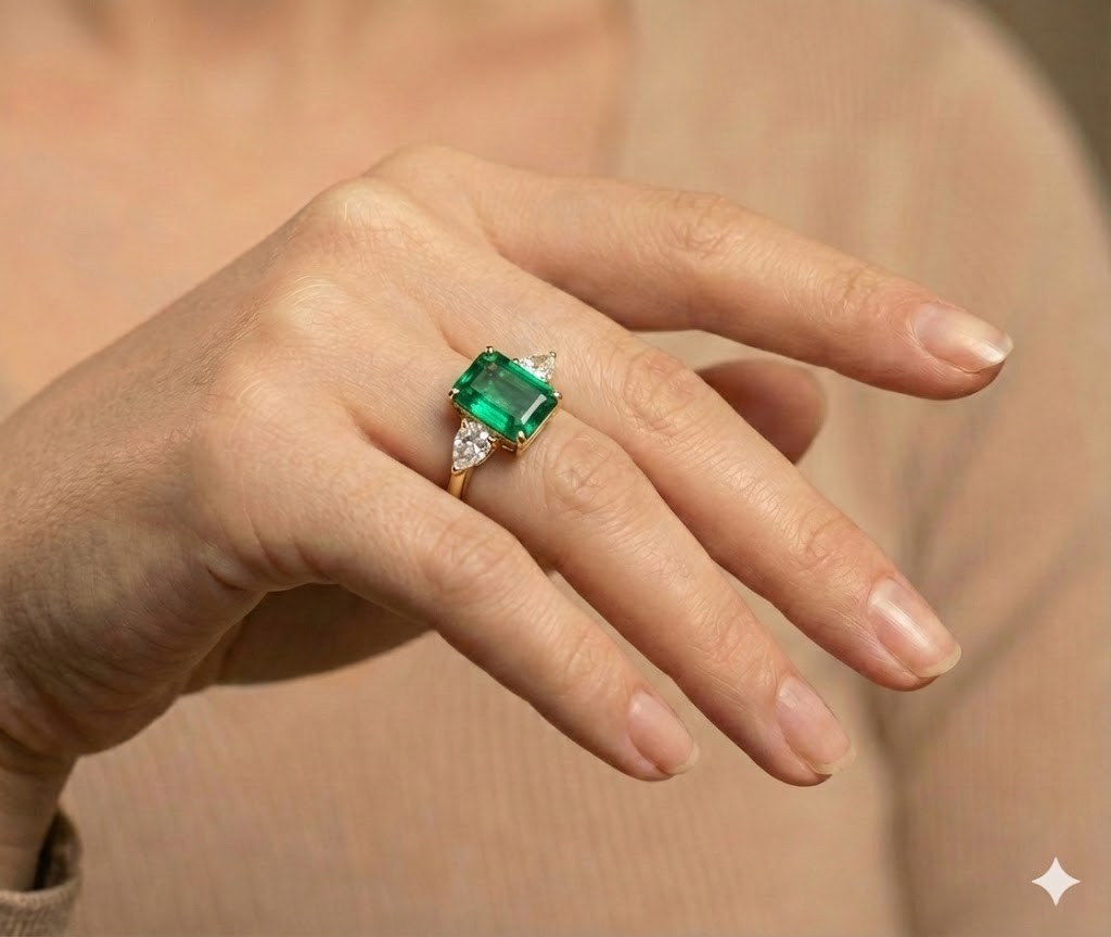14k Yellow Engagement Ring 4.37ct. Natural Green Emerald Rectangular Shape