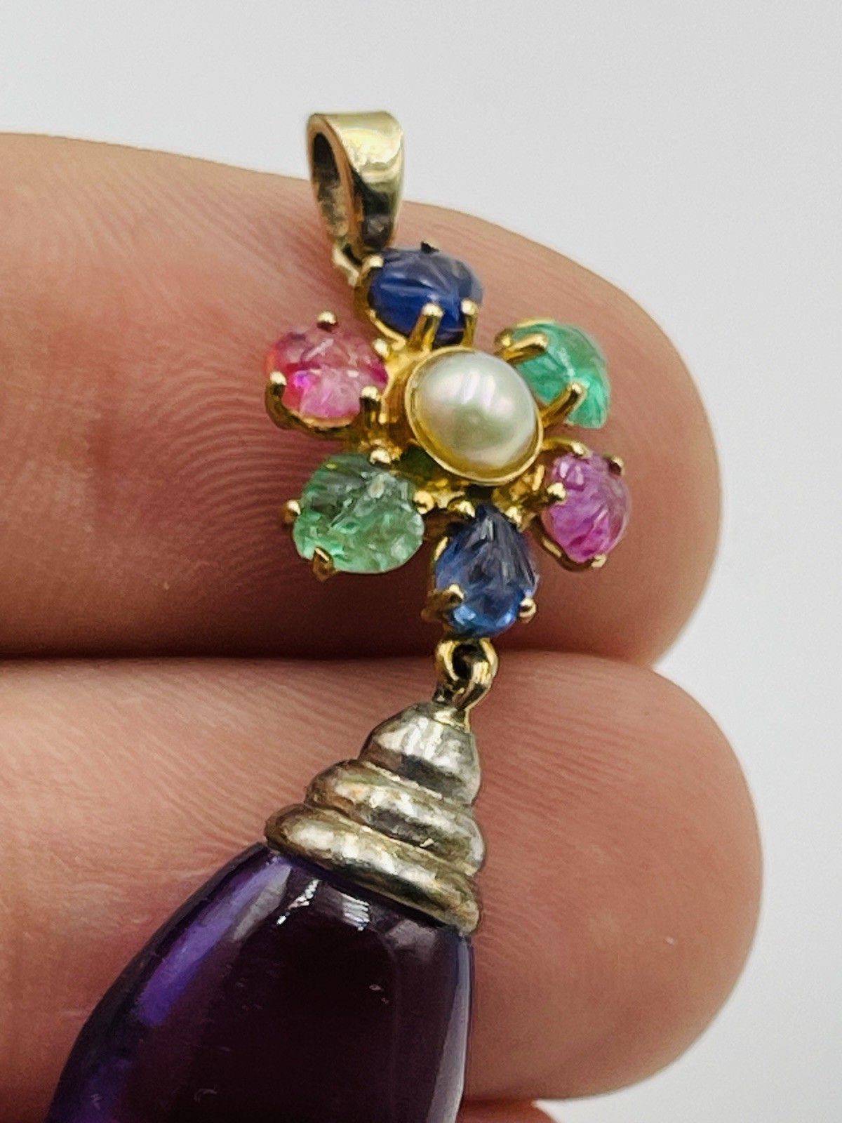 Vintage 18k Gold & Sterling Tutti Frutti Sapphire Emerald Ruby Amethyst Pendant