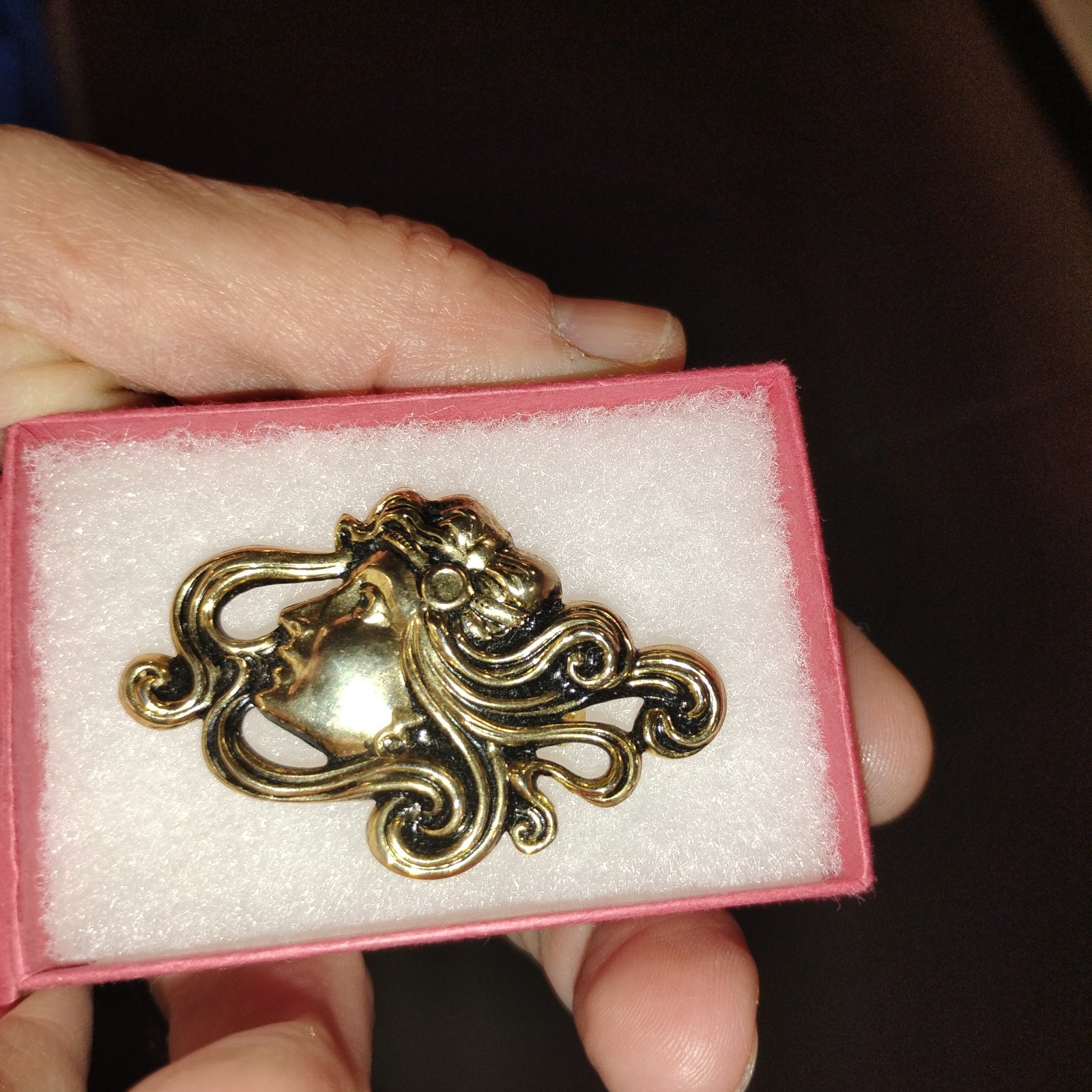 Vtg Art Nouveau Bronze Color Lady Brooch Pin. Jewelry. Statement