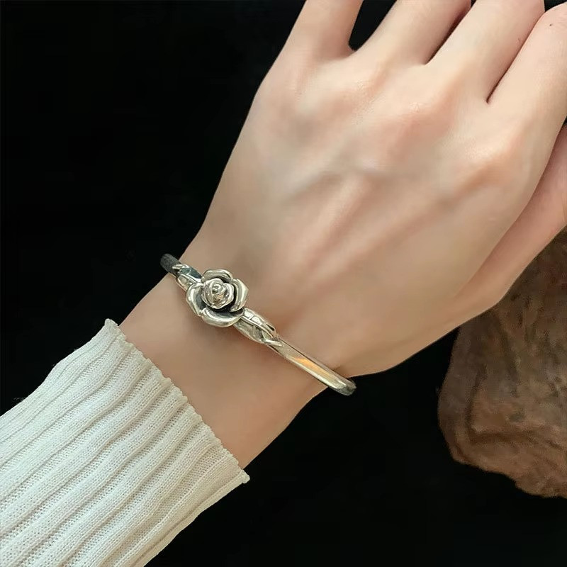 Vintage Flower Retro Rose Cuff Bangle 925 Sterling Silver Women Jewelry Bracelet