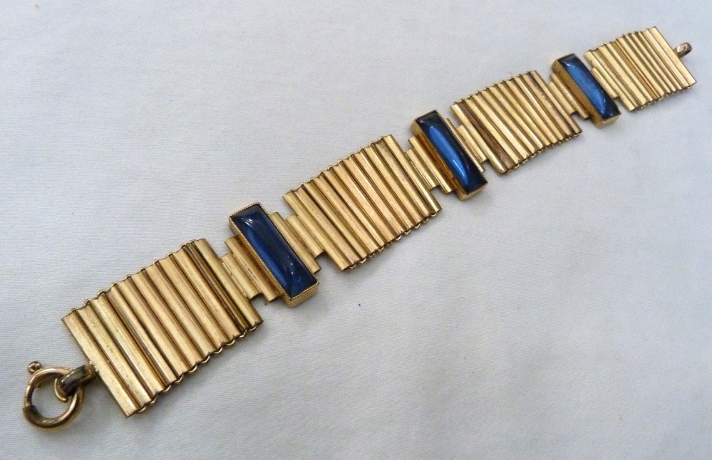 VTG KOLLMAR & JOURDAN ROLLED GOLD ART DECO LINKS SAPPHIRE BLUE GLASS BRACELET
