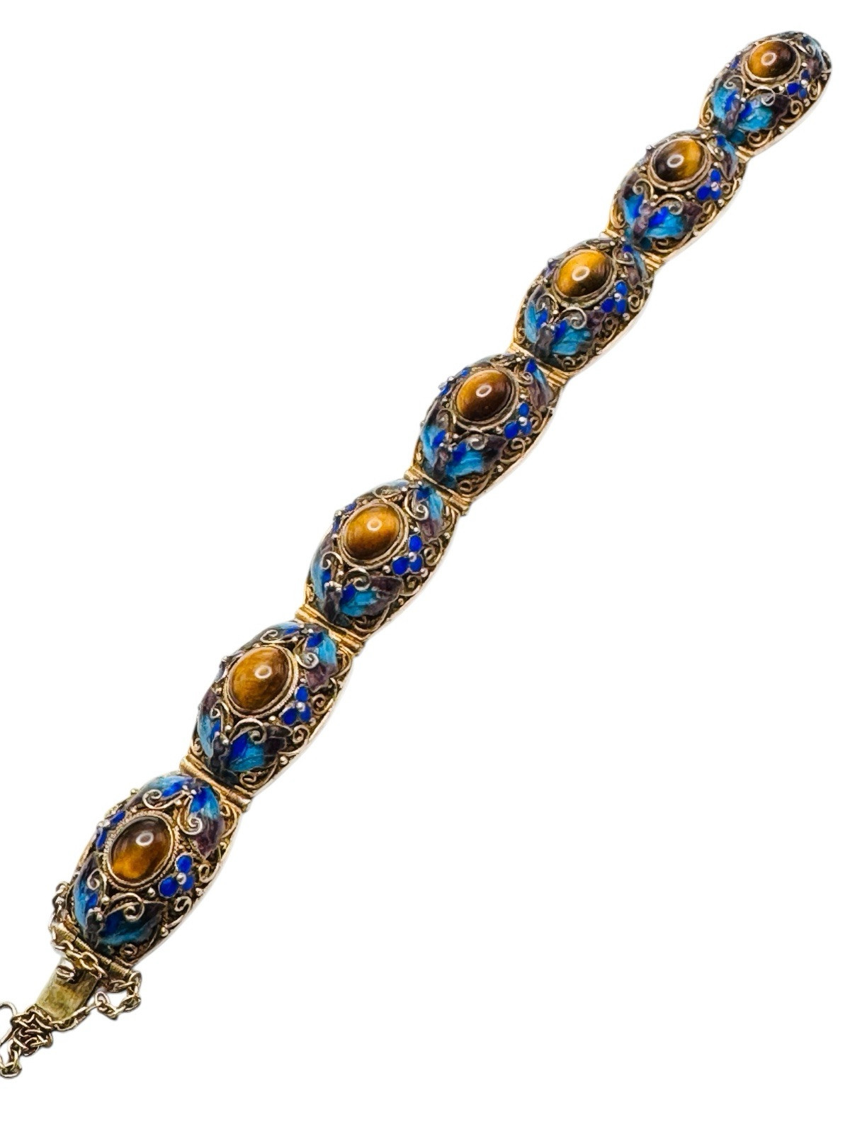 Vintage Chinese Export Gilt Silver Enamel Mesh Filigree Bracelet Tigers Eye Nice