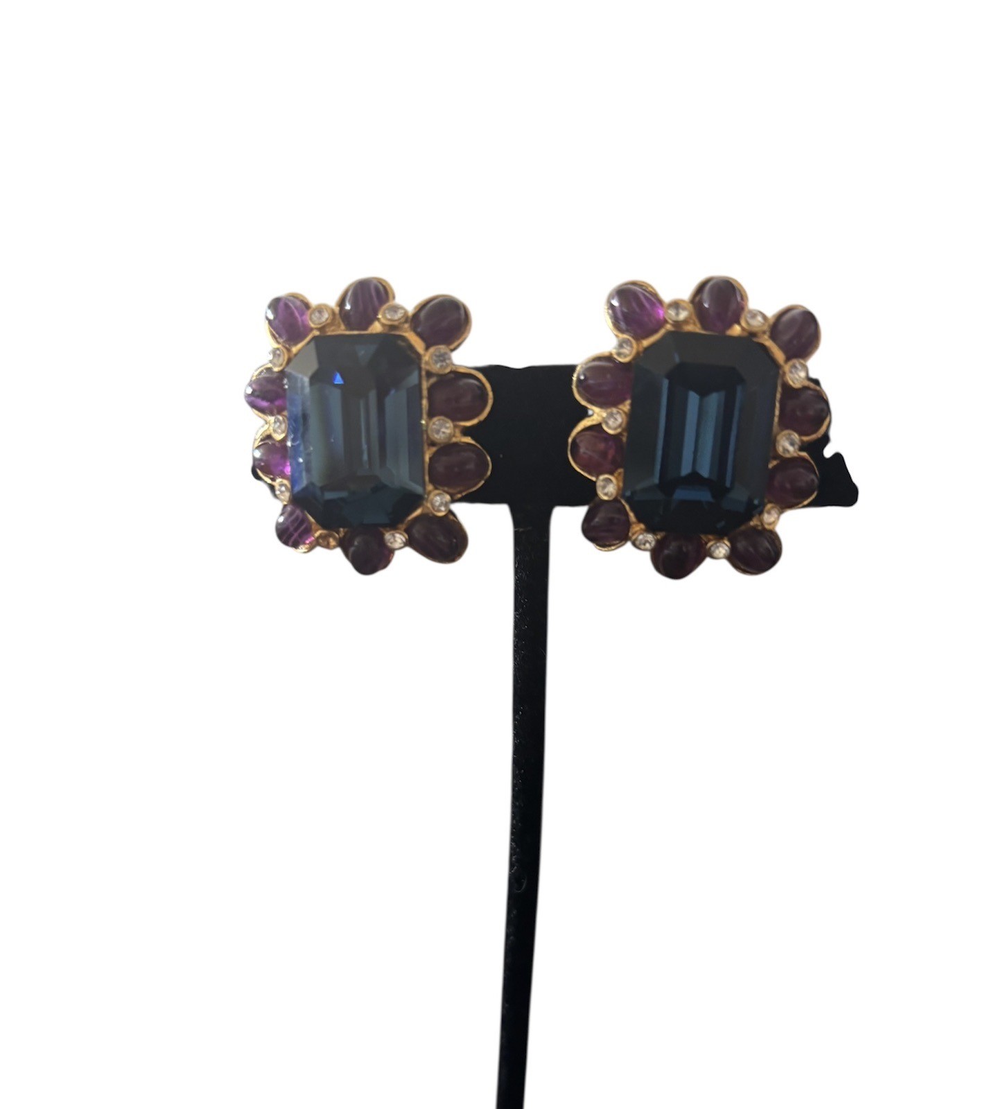 Vintage Kenneth Jay Lane Sapphire Blue Rhinestone Amethyst Cabochon Clip On
