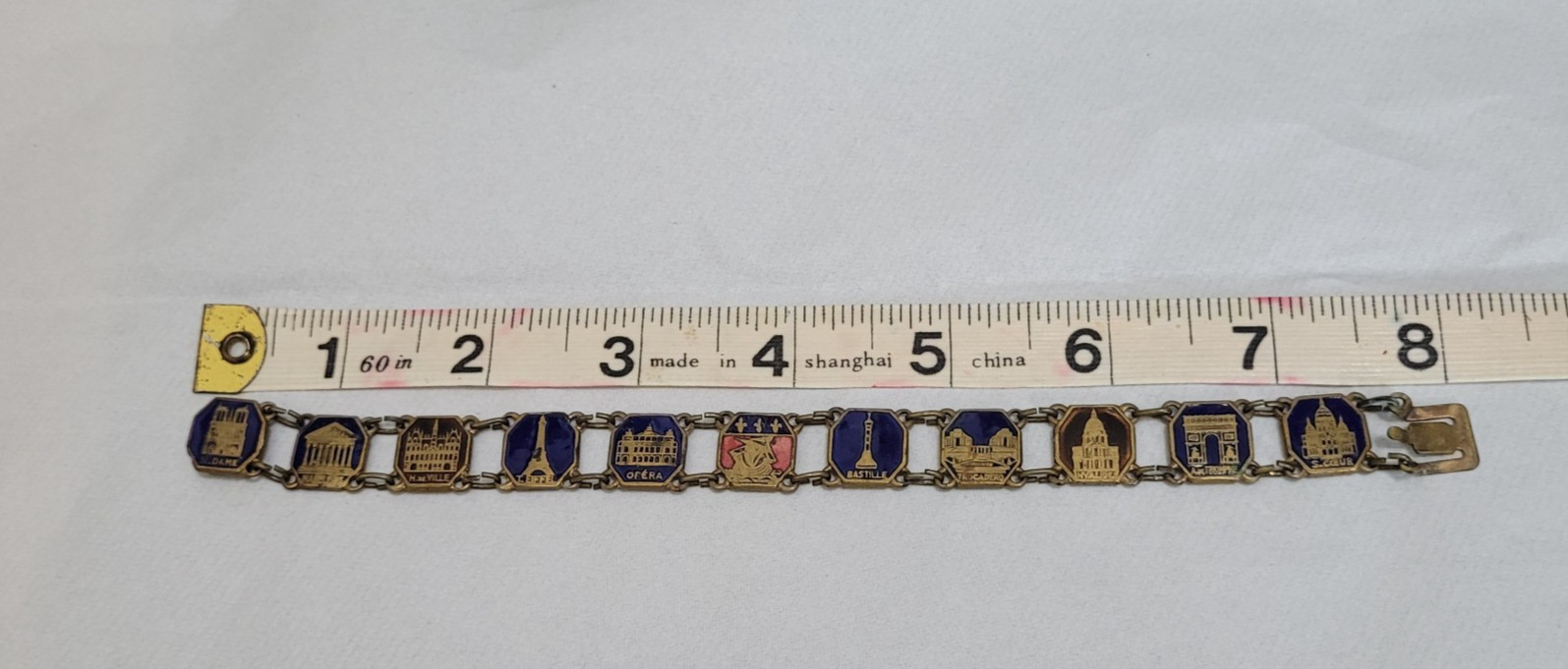 Paris France Souvenir Monuments Etched Enamel Link Brass Clasp Vintage Bracelet