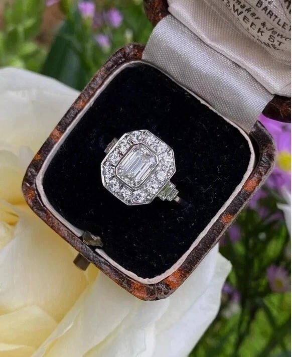 Art Deco Style 3Ct Emerald Cut Lab Created Diamond 14K White Gold FN Gift Ring