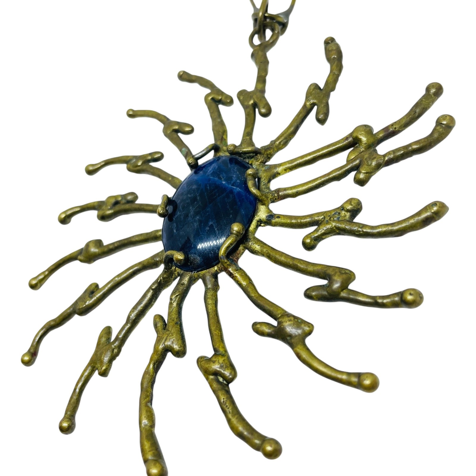 Vintage brass blue stone artisan abstract modernist designer pendant necklace