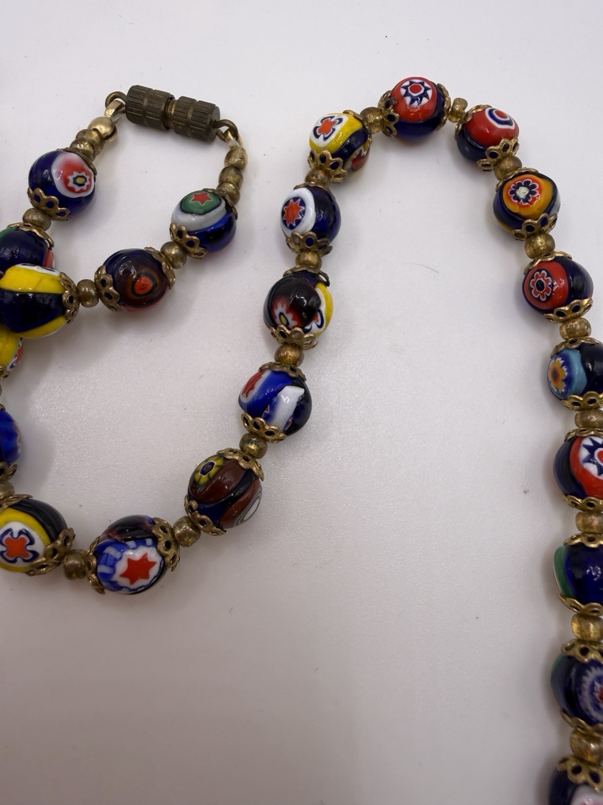 Vtg Italy Venetian Murano Millefiori Knotted Graduated Glass Bead Necklace 25 In