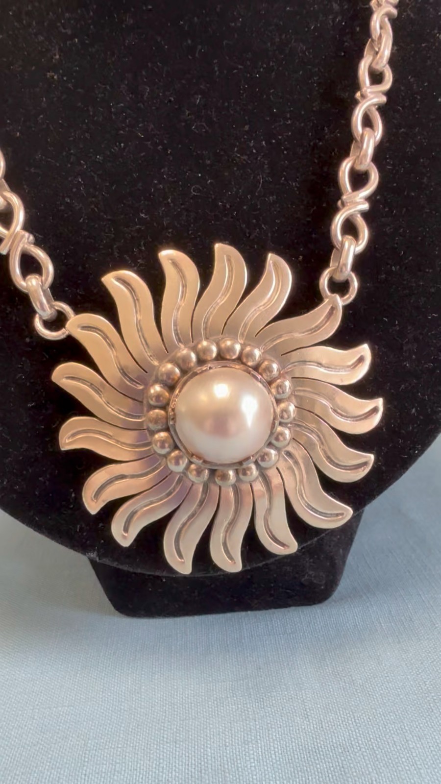 TAXCO MEXICO LPV VTG STERLING SUNFLOWER MABE PEARL BOLD STATEMENT NECKLACE 123g