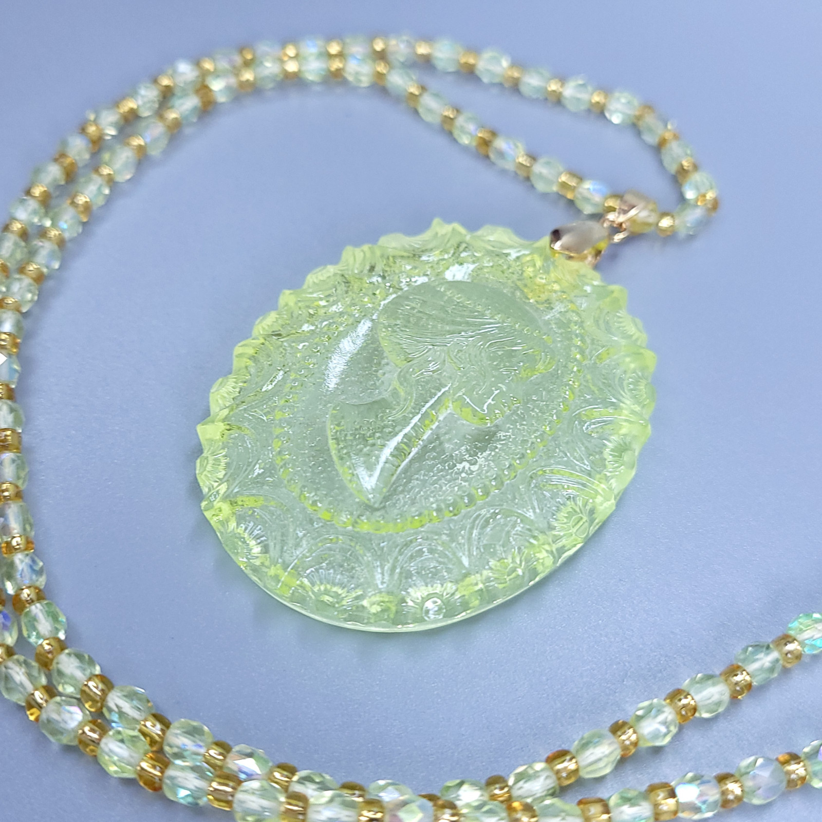 Uranium Glass Necklace 23” Cameo Pendant Vaseline Yellow Czech Beads