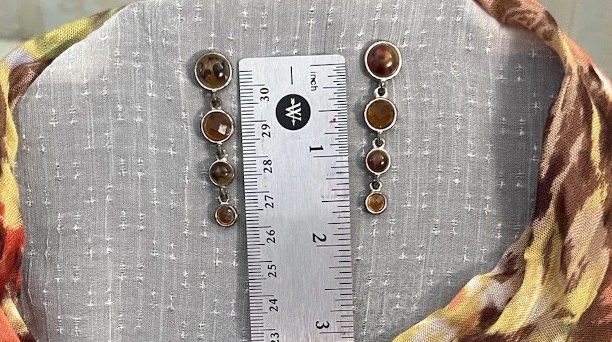 Vintage Silver Tone Dangle Drop Earrings l Round Brown Stones l 2in l 4 Gems