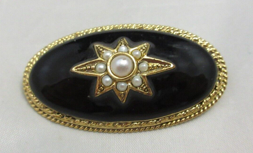 Vintage 1928 Brand Faux Seed Pearl Domed Oval Black Enamel Brooch Pin Gold Tone