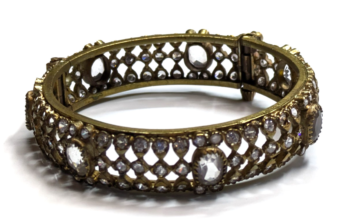 Kundan Style Indian Hinged Polki Bangle Bracelet Clear Glass Stones 1/2″ Wide