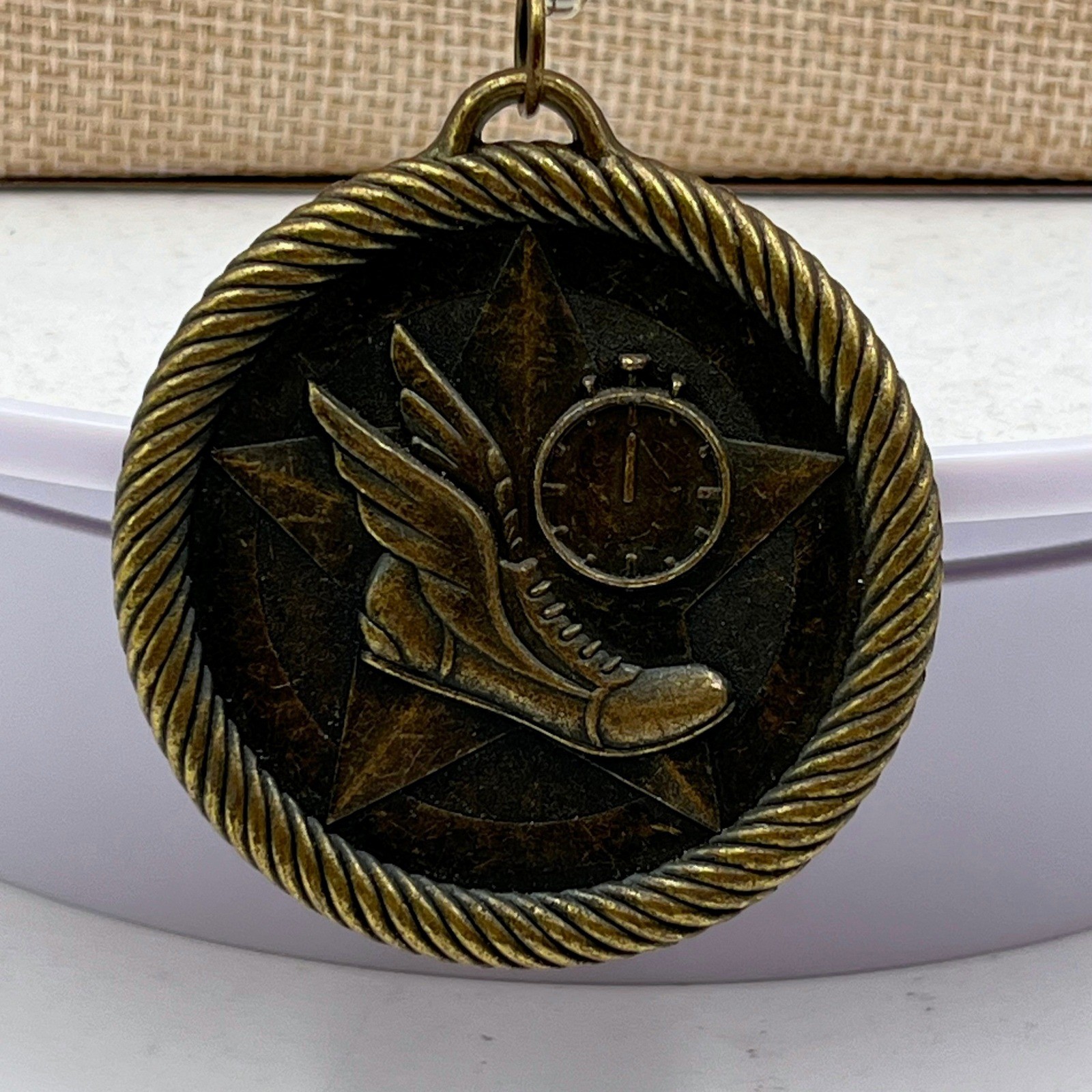 VTG Bronze Winged Foot Running Shoe Medal Pendant Necklace Track Field Jewelry