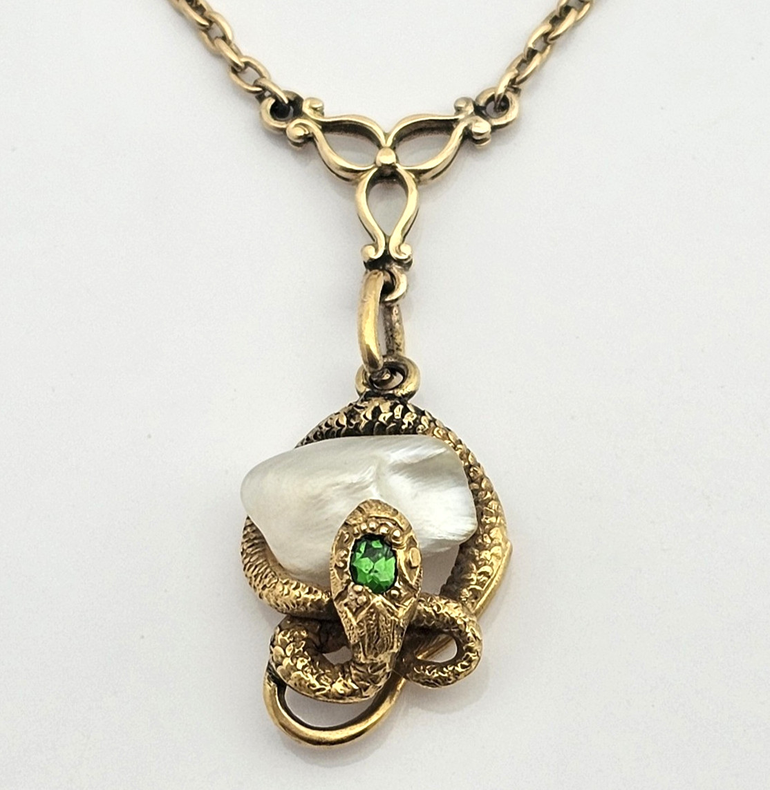 14K Gold Art Nouveau Demantoid Garnet Pearl Snake Serpent Necklace Antique 22in