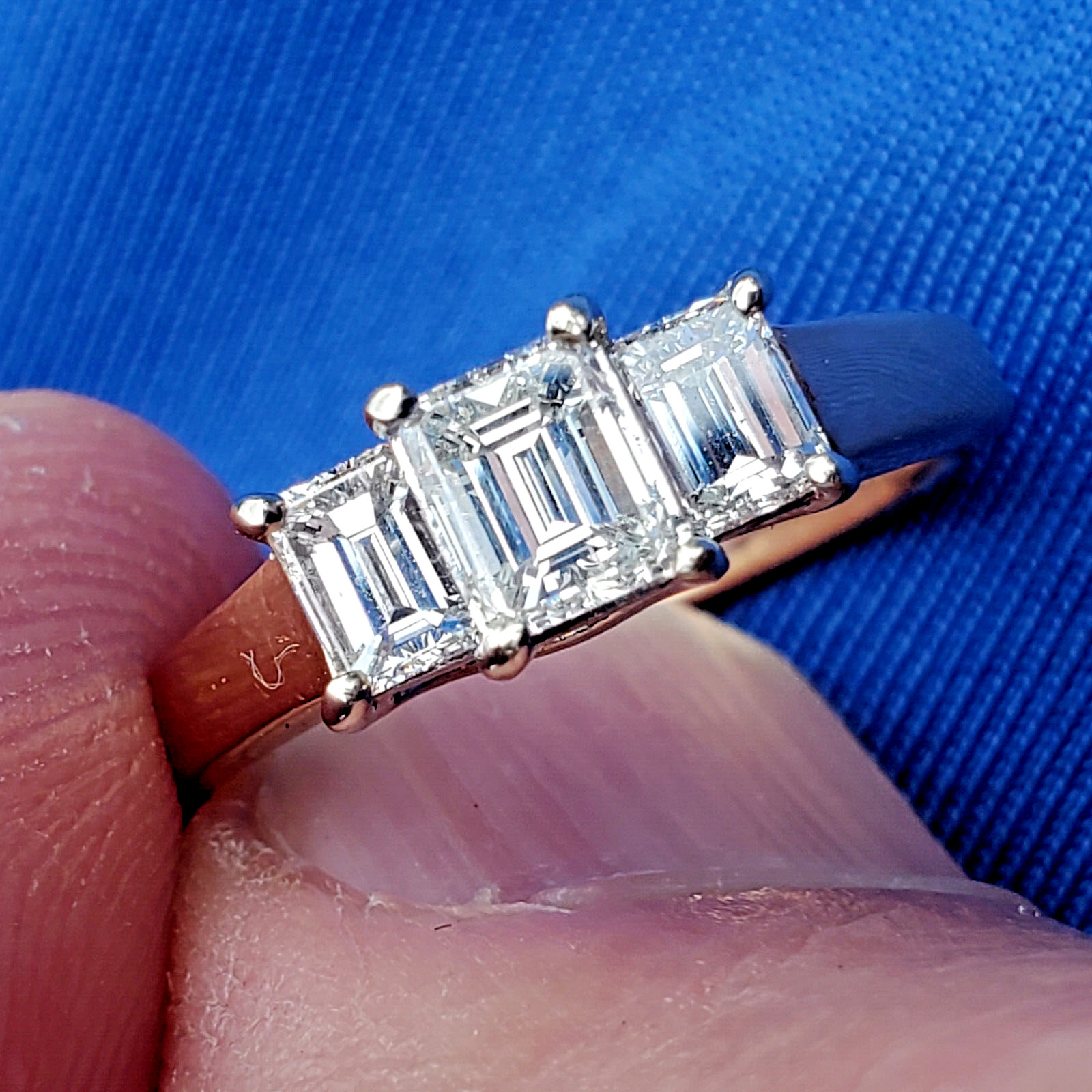 EARTH MINED DIAMOND Deco Engagement Ring 3 Stone Emerald cut Solitare 14K GOLD