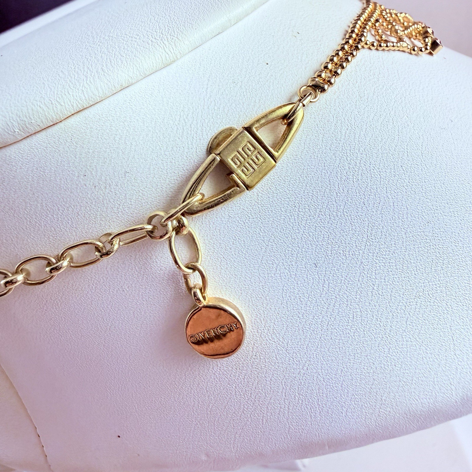GIVENCHY Signed Gold Tone Lace Crystal Necklace Logo Clasp 16.5″